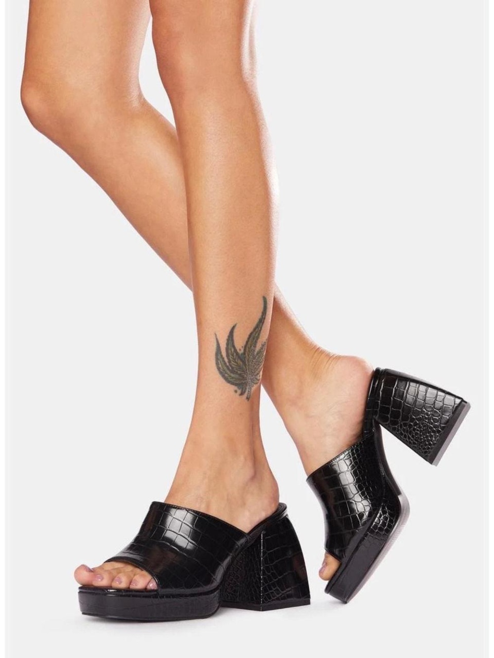 Public Desire Black Croc-Embossed Block Heel Mules